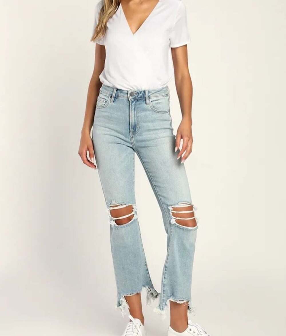Hidden Jeans Happi Light Wash High Rise Cropped Raw Hem Flare Jeans